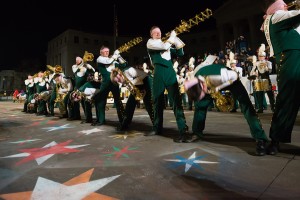 The Colorado State University Marching Band performs in the 9News Parade of Lights in downtown Denver, December 5, 2014.