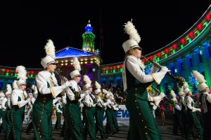 The Colorado State University Marching Band performs in the 9News Parade of Lights in downtown Denver, December 5, 2014.
