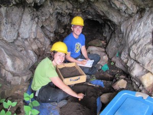 Michelle Dinkel and Kelton Meyer testing the interior of a small rock shelter in the upper Poudre River Canyon.