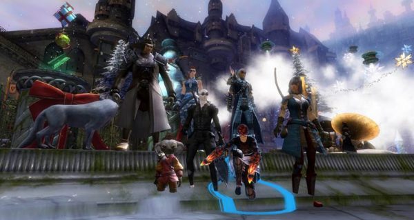 The avatars of Jeffrey Snodgrass (center) and CSU students in ERTL virtual worlds research team in the gaming world, Guild Wars 2.