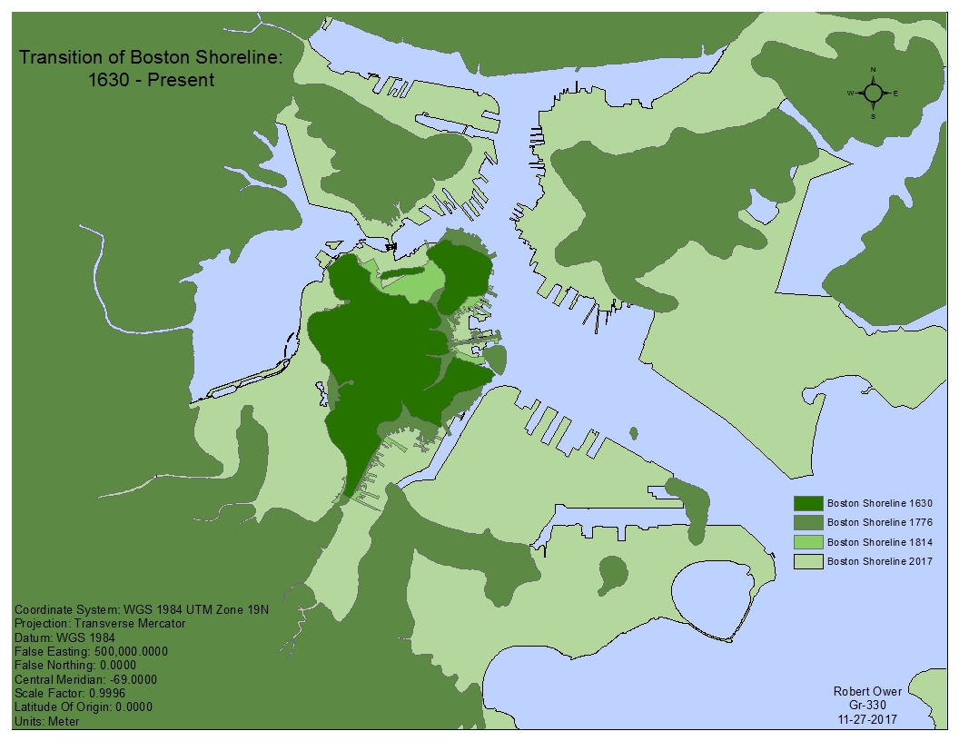 Map of the Boston Shoreline over time by Robert Ower