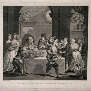 Sancho Panza (the squire of Don Quixote) , at a banquet, being starved for health reasons by his physician. Engraving by T. Cook after W. Hogarth after M. de Cervantes Saavedra.