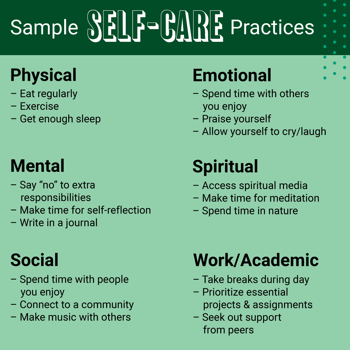 Sample self-care practices recommended to students in the course.