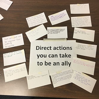 Card activity where students responded to the prompt 'Direct actions you can take to be an ally'
