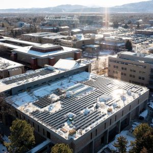 Aerial view of the CSU campus with snow covering the tops of buildings