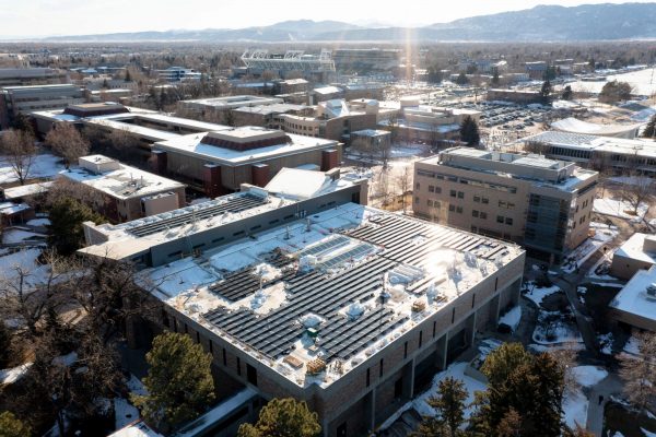 Aerial view of the CSU campus with snow covering the tops of buildings