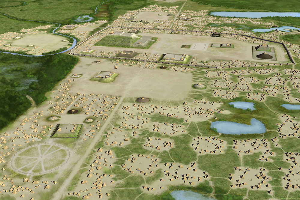 Artists conception of the Mississippian culture Cahokia Mounds Site in Illinois