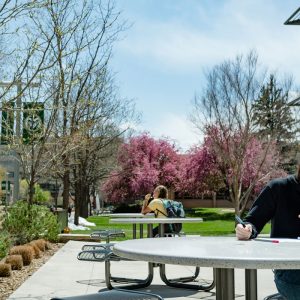 Students sitting and writing outside of Eddy Hall
