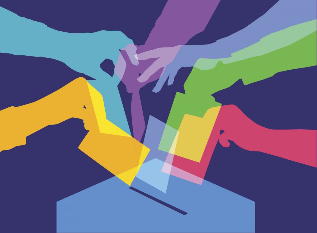 Colourful overlapping silhouettes of people voting