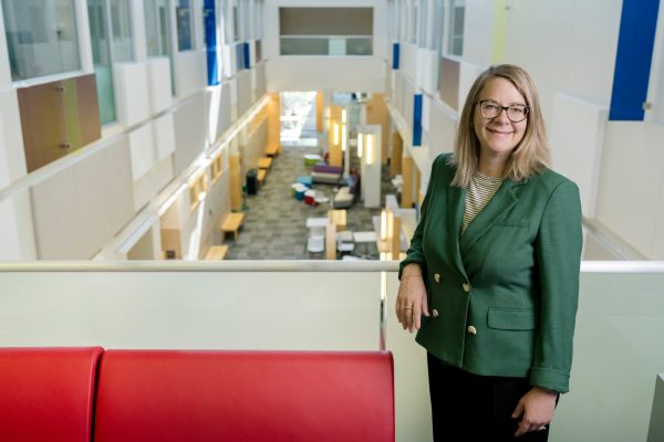 Dean Kjerstin Thorson on the second floor of the Behavioral Sciences Building on the CSU campus