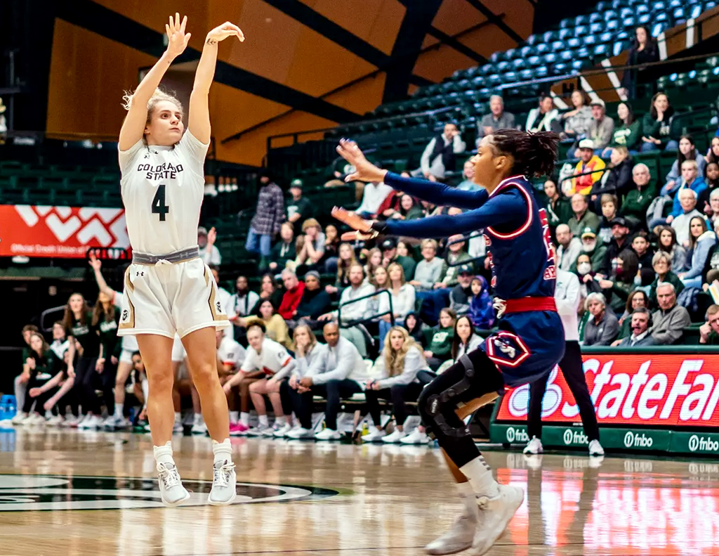 McKenna Hofschild (No. 4) makes a three point shot in a CSU Women's Basketball game