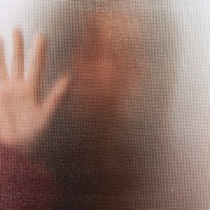 Back lit image of the silhouette of a woman with her hands pressed against a glass window. The silhouette is distorted, and the arms elongated, giving an alien-like quality.