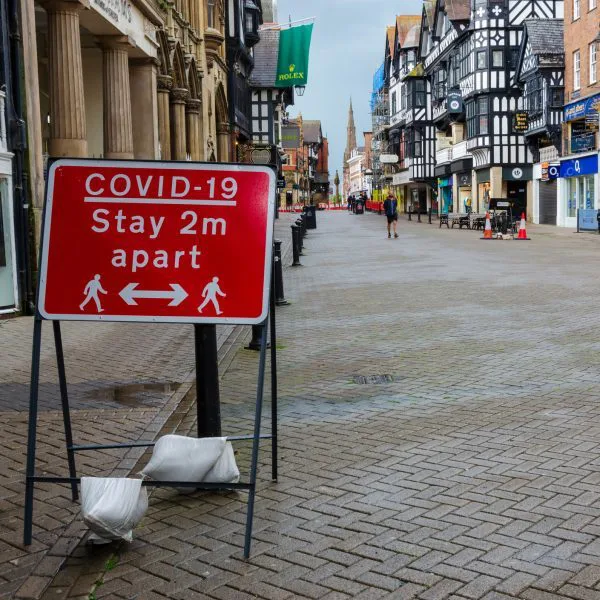 A general street scene of Chester City centre showing some traffic & pedestrian restrictions which have been put in place to allow social distancing due to Covid-19 pandemic